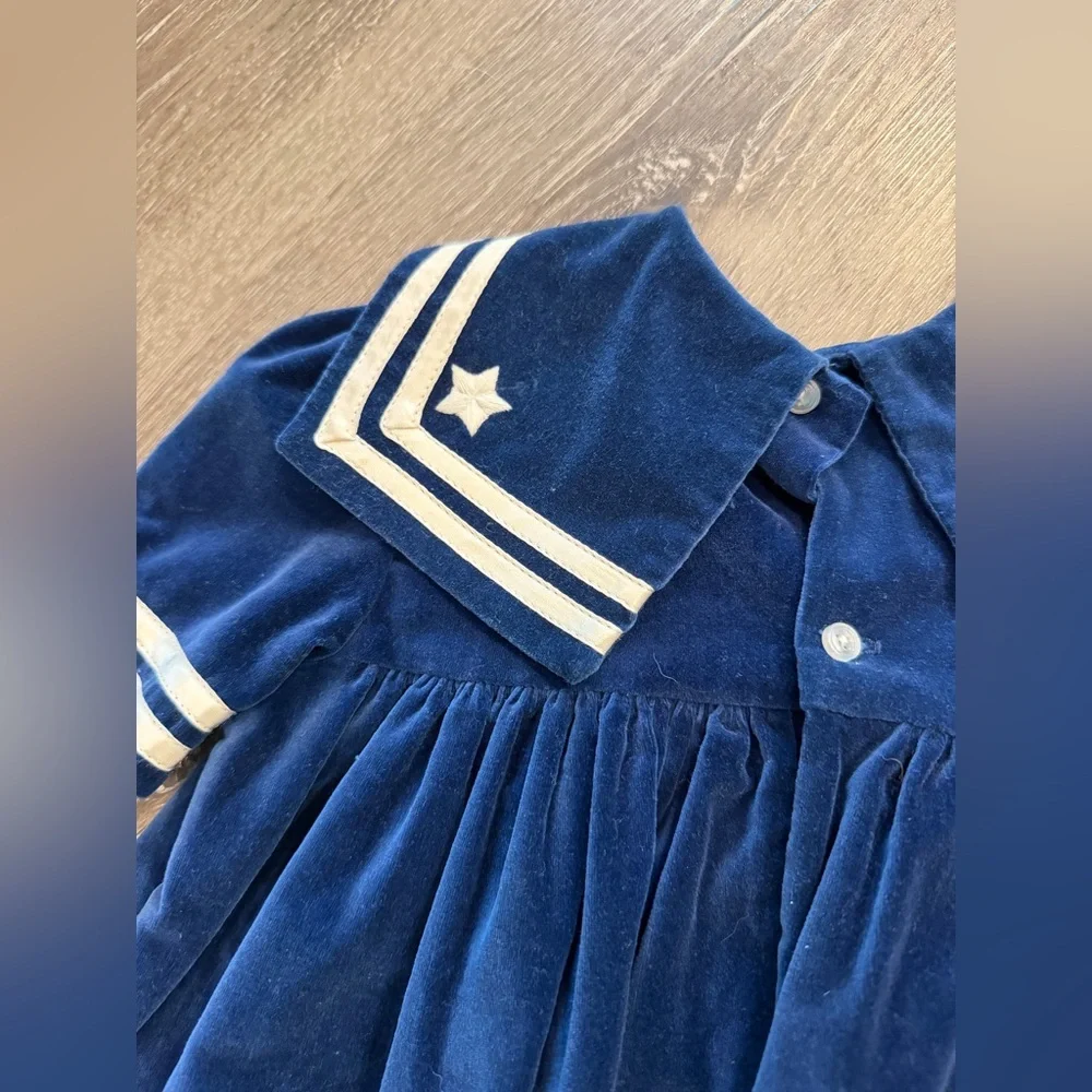 vintage blue velour sailor dress with white piping trim